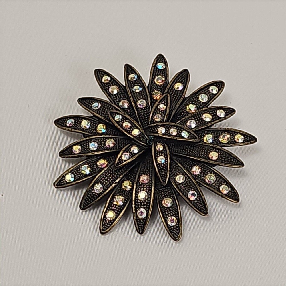 Vintage 1950s 1960s Rhinestone Starburst Flower Brooch 2.5" Statement Pin